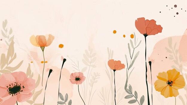 Image abstraite d'une toile de fond minimaliste Composition de fleurs, de la verdure, des pétales, des lignes et des points négligés sur un fond blanc, des couleurs beige, des nuances chaudes, de l'art, de la flore, générée par l'IA.