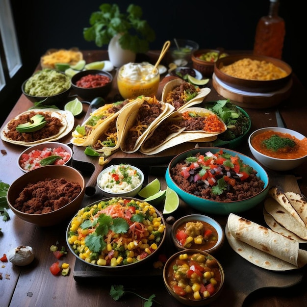 L'image accueillante d'un buffet de tacos distribué avec une variété