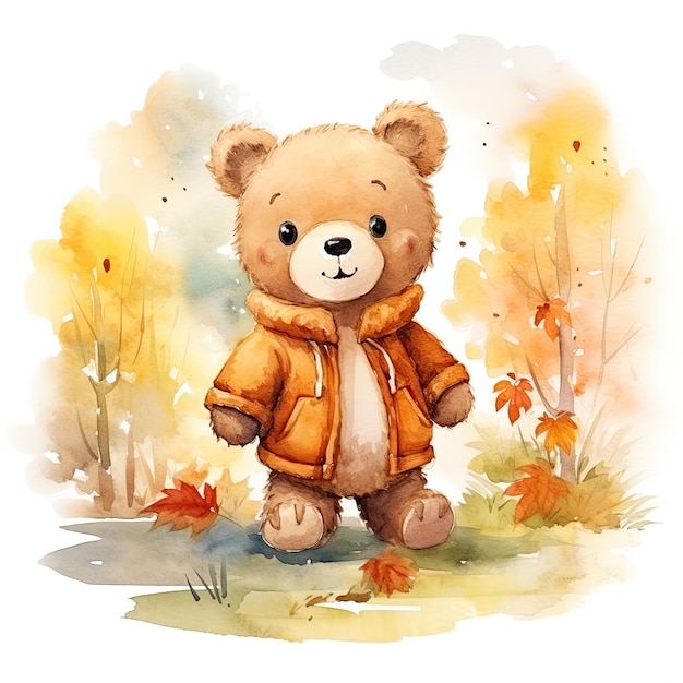 Photo image d'un adorable ours en peluche peint à l'aquarelle avec des feuilles d'arbre et des couleurs d'automne par l'ia générative