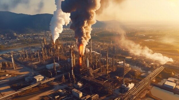 Image aérienne AI générative d'une usine pétrolière avec des tuyaux de transport et des cheminées enfumées