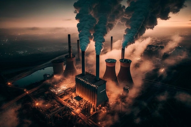 Image aérienne de hauts tuyaux d'une centrale électrique au charbon au crépuscule montrant de la fumée noire s'élevant et contaminant le ciel AI générative