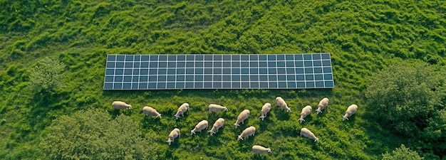Photo une image aérienne de moutons dévorant sur un champ d'herbe verdoyante avec des panneaux solaires différentes sources d'énergie