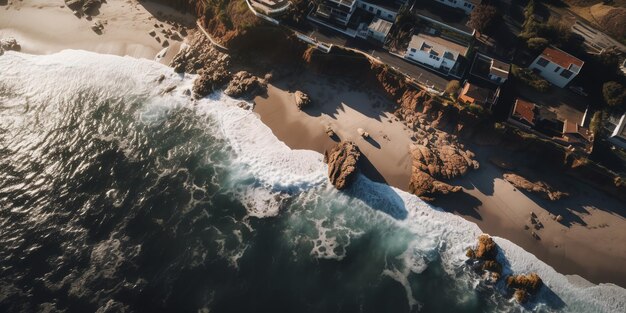 Une image aérienne de la plage et du littoralVue descendante de la rocaille de plage et de la mer avec les vagues d'eau d'été