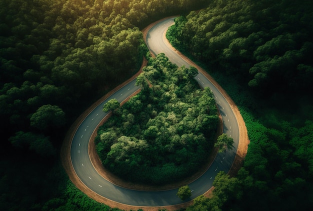 Image aérienne d'une route vacante sinueuse à travers une région fortement couverte d'arbres luxuriants