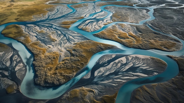 Image aérienne d'un ruisseau islandais générée par l'IA