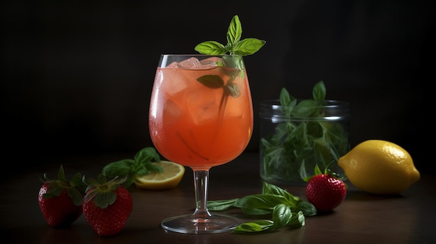 Image AI générative de limonade aux fraises et au basilic