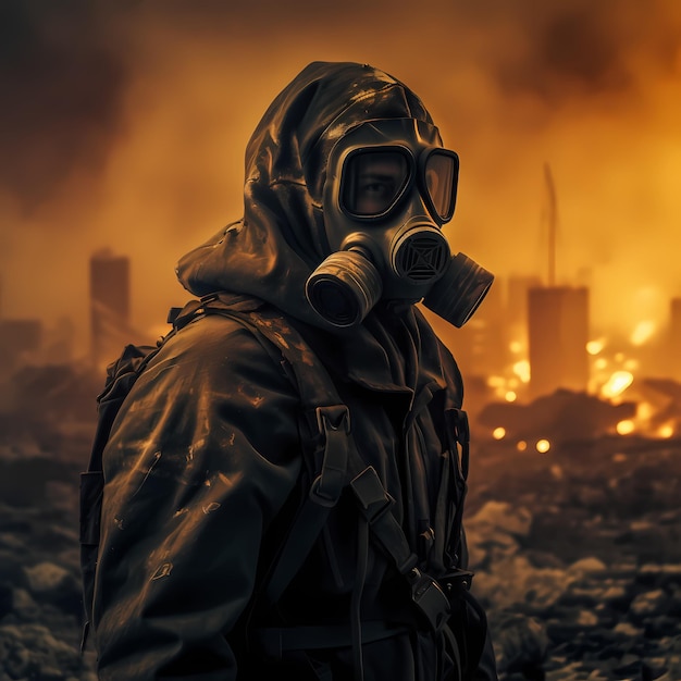 Image ai générative d'un soldat hyper réaliste portant un masque à gaz debout dans une rue de la ville en ruine