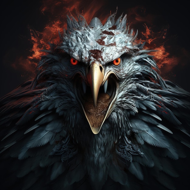 Image d'un aigle diable en colère terrifiant et de flammes sur fond sombre Illustration d'animaux sauvages d'oiseaux IA générative
