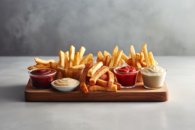 Une image alléchante mettant en vedette des frites croustillantes dorées disposées sur un fond gris clair