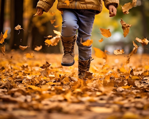 Image en angle bas des jambes d'un enfant qui traverse un chemin couvert de feuilles d'automne AI générative