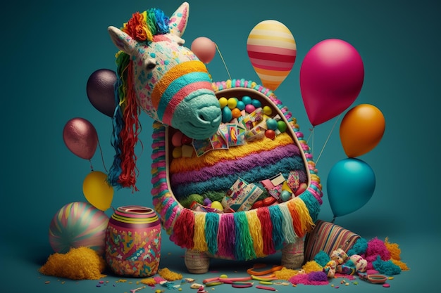 Une image d'animal en peluche avec des ballons et des confettis Generative AI