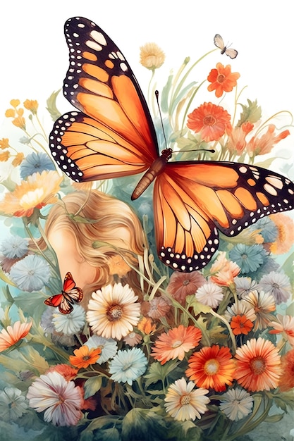 Photo image à l'aquarelle avec de beaux papillons sur un fond botanique vintage