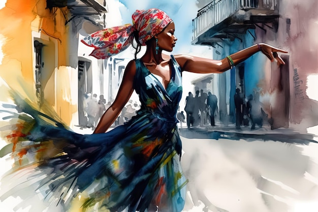 Image aquarelle d'une belle femme cubaine dansant dans une rue Généré ai