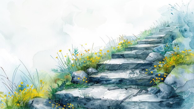 Image en aquarelle d'un chemin en pierre naturelle à la lumière du soleil au printemps Bonjour printemps