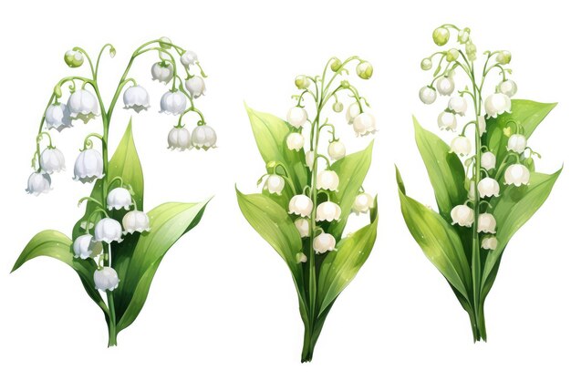 Image aquarelle d’un ensemble de fleurs de muguet sur fond blanc