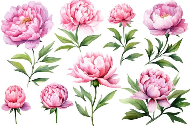 Image aquarelle d’un ensemble de fleurs de pivoine sur fond blanc