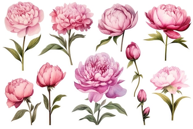 Image aquarelle d’un ensemble de fleurs de pivoine sur fond blanc