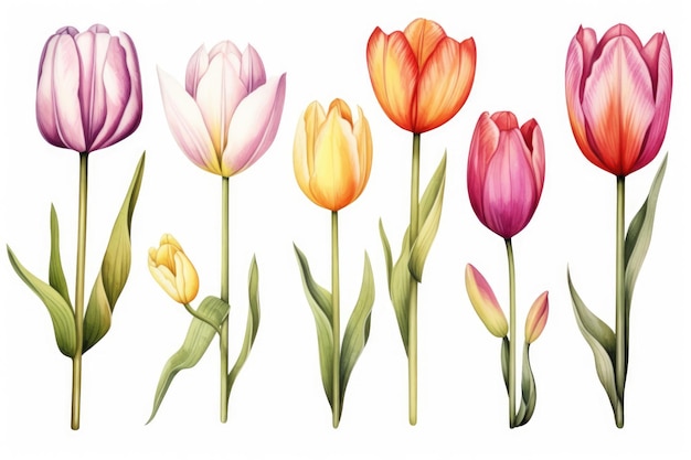 Image aquarelle d’un ensemble de fleurs de tulipes sur fond blanc