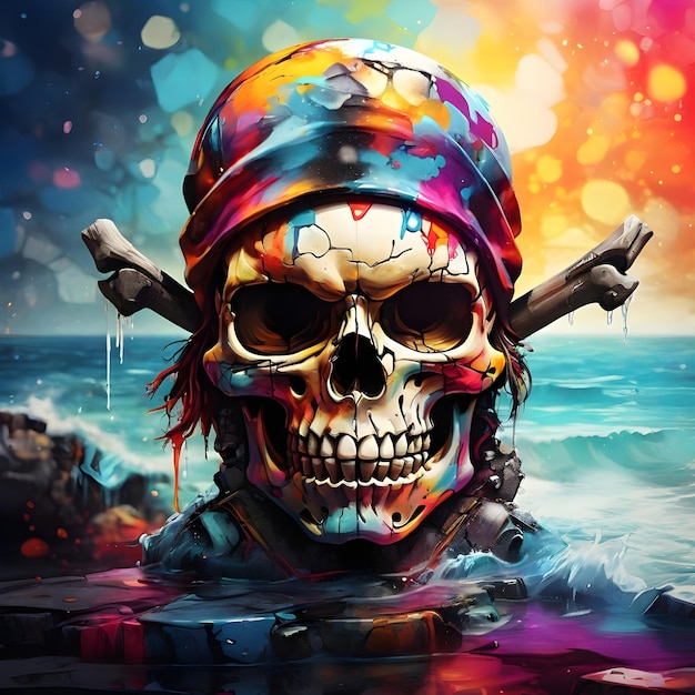 Une image d'aquarelle d'IA d'une illustration de graffiti d'un pirate