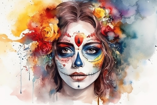 image aquarelle portrait d'une belle jeune femme mexicaine en fleurs le jour des morts