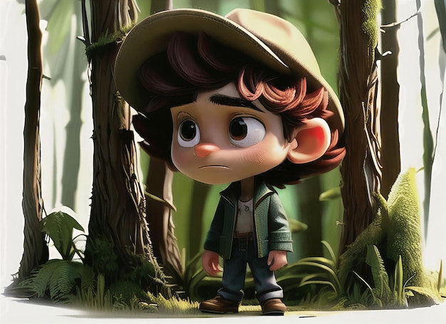 Image d'Arafed d'un garçon portant un chapeau et une veste debout dans une forêt