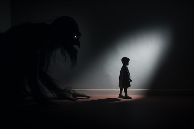 Image d'Arafed d'une petite fille debout devant un monstre géant génératif ai