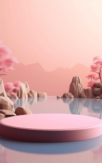 Image Arafed d'une plate-forme rose dans un lac avec des arbres génératifs ai