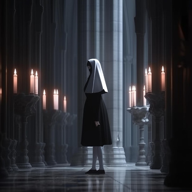 Image d'Arafed d'une religieuse debout dans une pièce sombre avec des bougies génératives ai