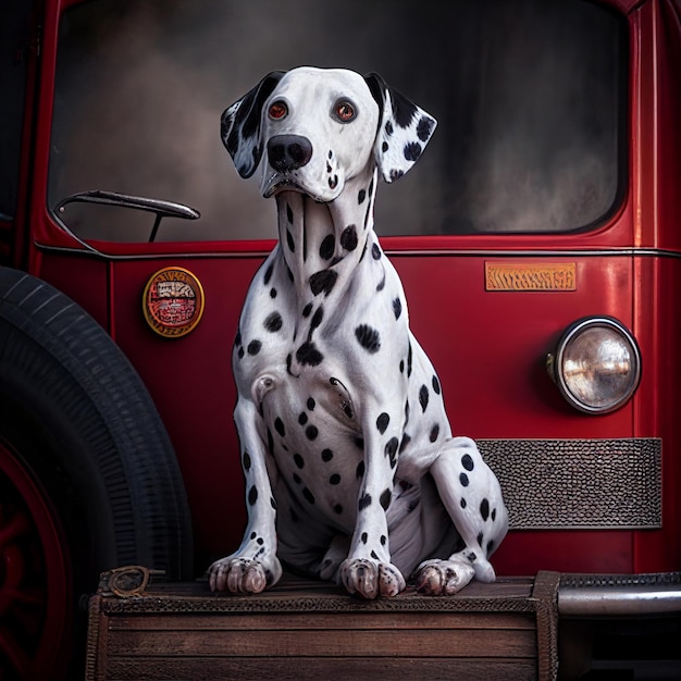 Image arafée d'un chien dalmatien assis sur une table en bois ai générative