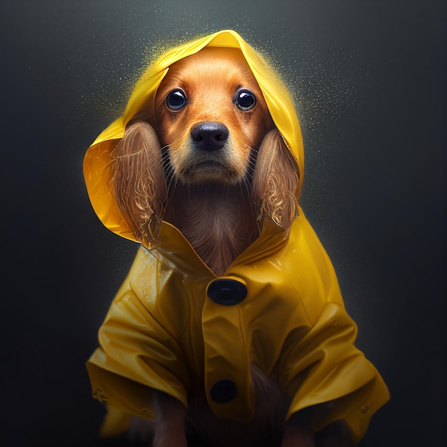 Image arafée d'un chien en imperméable jaune ai générative