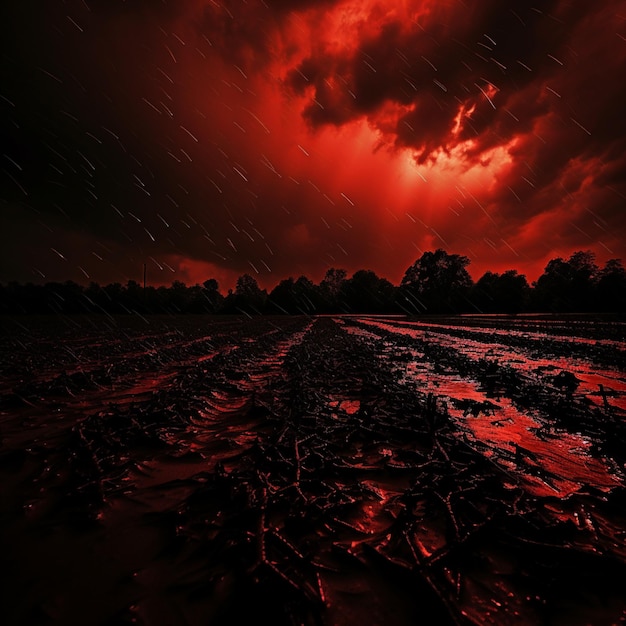 image arafée d'un ciel rouge avec un nuage sombre et une IA générative de lumière rouge