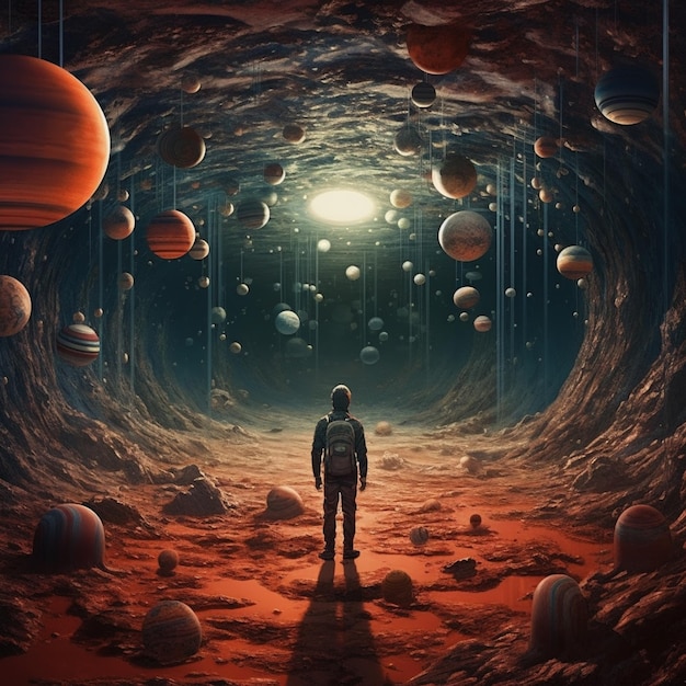 Image arafée d'un homme debout dans une station spatiale avec des planètes génératives ai
