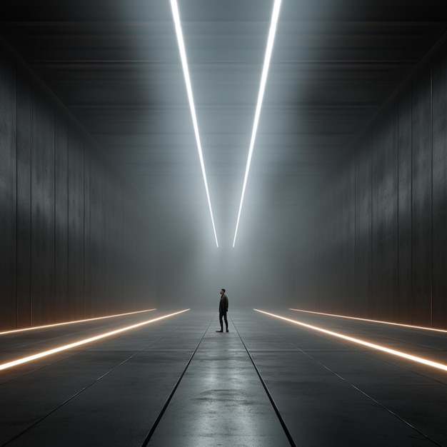 Image arafée d'un homme debout dans un tunnel sombre avec des lumières ai génératives