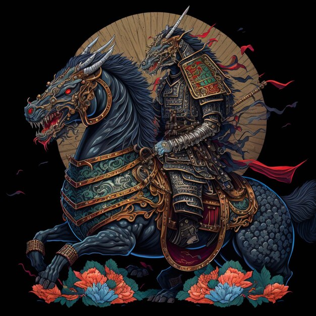 image arafée d'un homme montant un cheval avec un dragon dessus IA générative