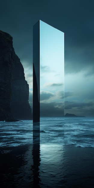 image arafée d'un miroir reflétant une falaise dans l'océan IA générative