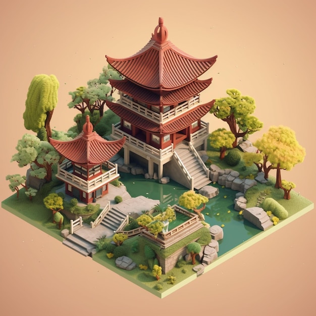 Image arafée d'un petit bâtiment asiatique avec un étang et des arbres générative ai