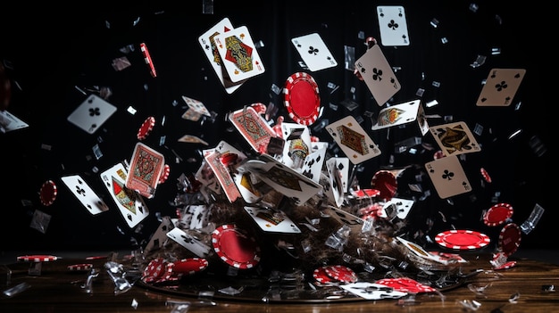 image arafée d'une pile de cartes à jouer et de jetons tombant par IA générative