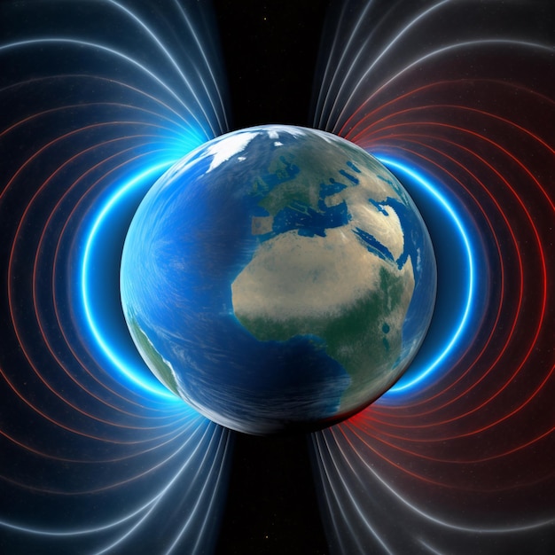 Image arafée d'une terre bleue avec des lignes rouges et blanches autour d'elle générative ai