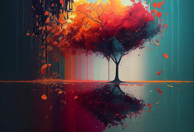 Image d'un arbre au milieu d'un étang Art abstrait aux couleurs automnales éclatantes AI générative