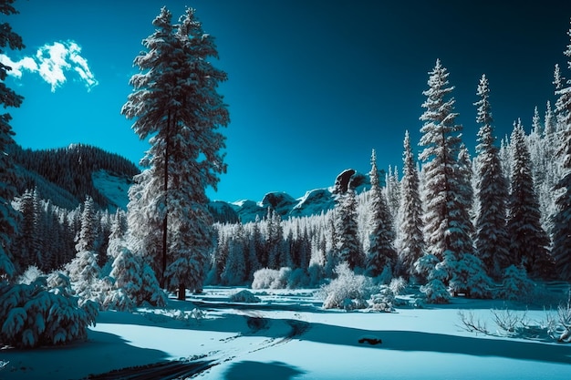 Une image d'arbres couverts de neige dans la forêt Generative AI