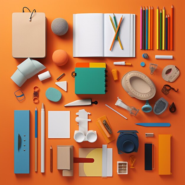 image arrafée d'un bureau avec diverses fournitures de bureau sur un fond orange