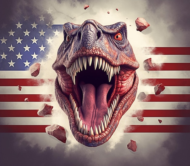 Image arrafée d'un dinosaure avec sa bouche ouverte et un drapeau en arrière-plan