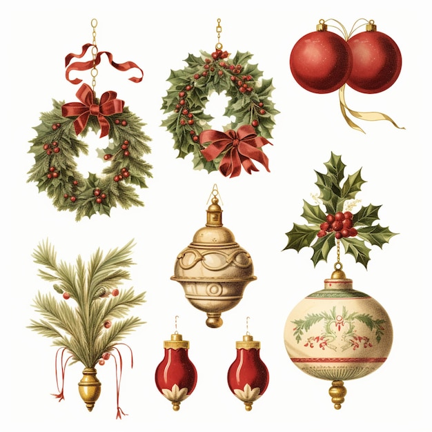 image arrafée d'un ensemble de décorations de Noël comprenant une couronne générative ai
