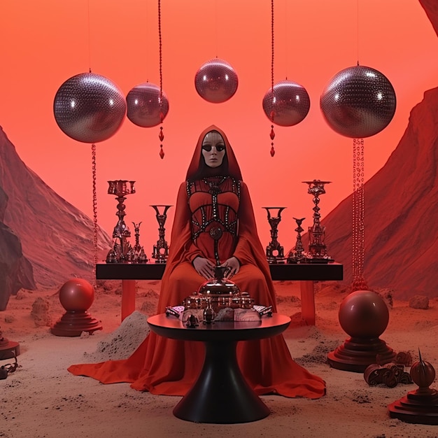 image arrafée d'une femme dans une robe rouge assise sur une table avec un gâteau génératif ai
