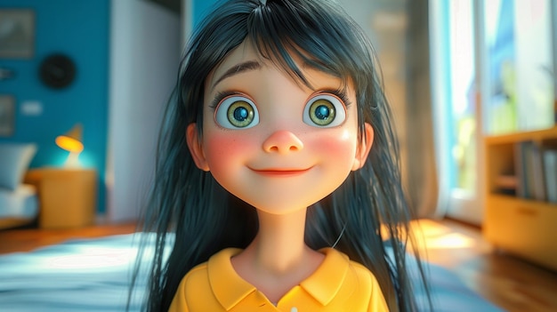 image arrafée d'une fille de dessin animé avec de longs cheveux noirs