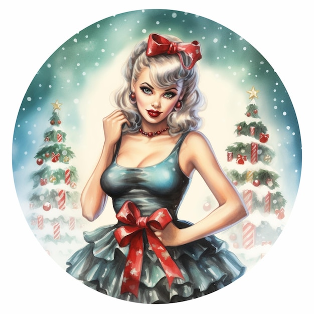 une image arrafée d'une fille pinup dans une robe de Noël