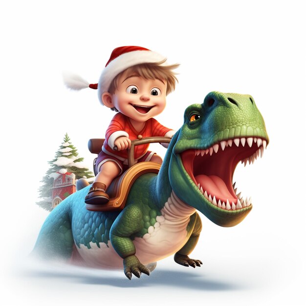 Photo image arrafée d'un garçon chevauchant un dinosaure avec un chapeau de père noël