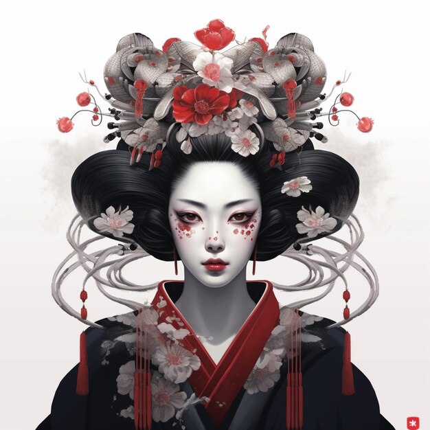 Photo image arrafée d'une geisha avec un chapeau à fleurs rouges