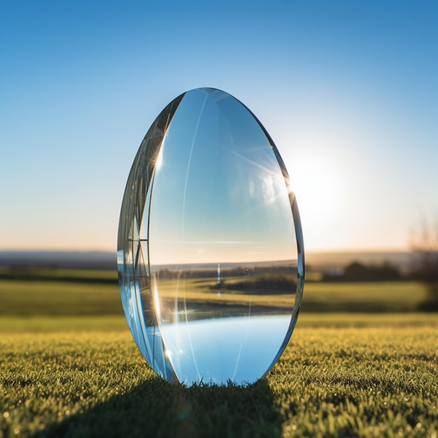 Photo image arrafée d'un grand miroir assis sur le dessus d'un champ vert luxuriant