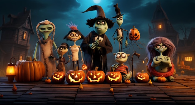 image arrafée d'un groupe de personnages d'animation debout devant une scène d'Halloween